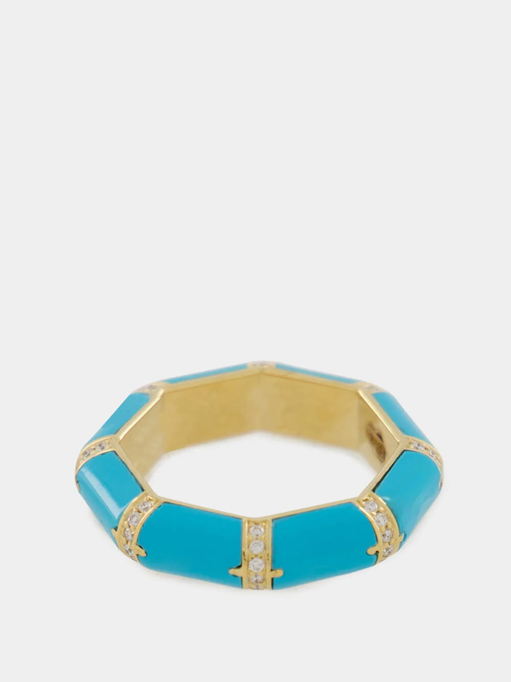 Turquoise Blue Bamboo Ring in 18K Gold with White Diamonds - Image 3