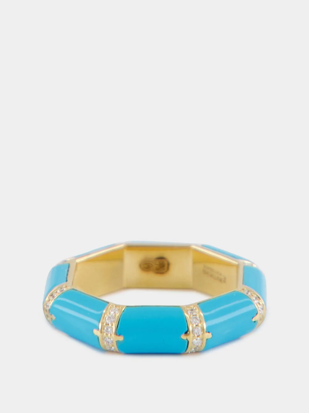 Turquoise Blue Bamboo Ring in 18K Gold with White Diamonds - Image 4