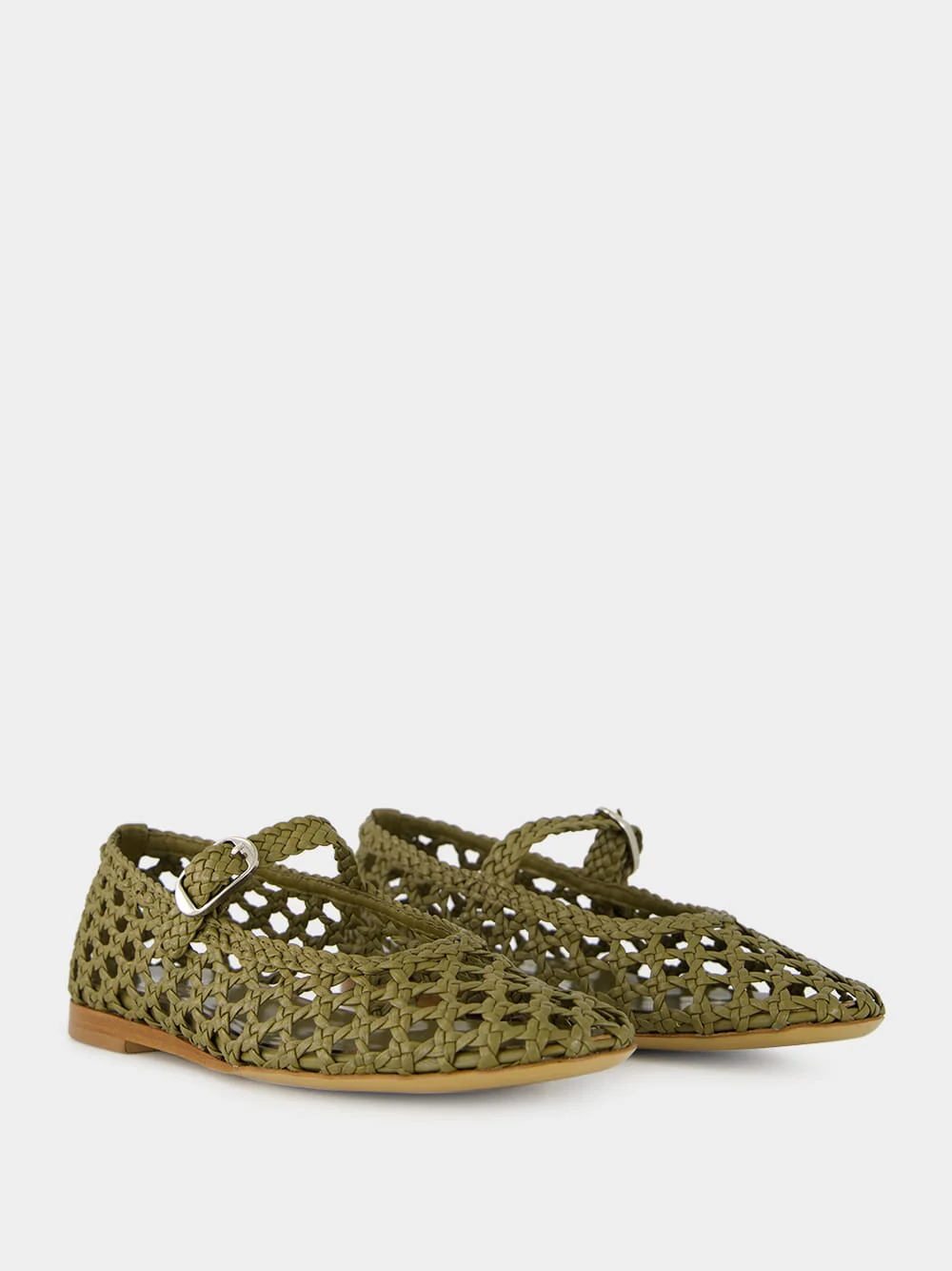 Khaki Woven Leather Mary Jane Flats - Image 3