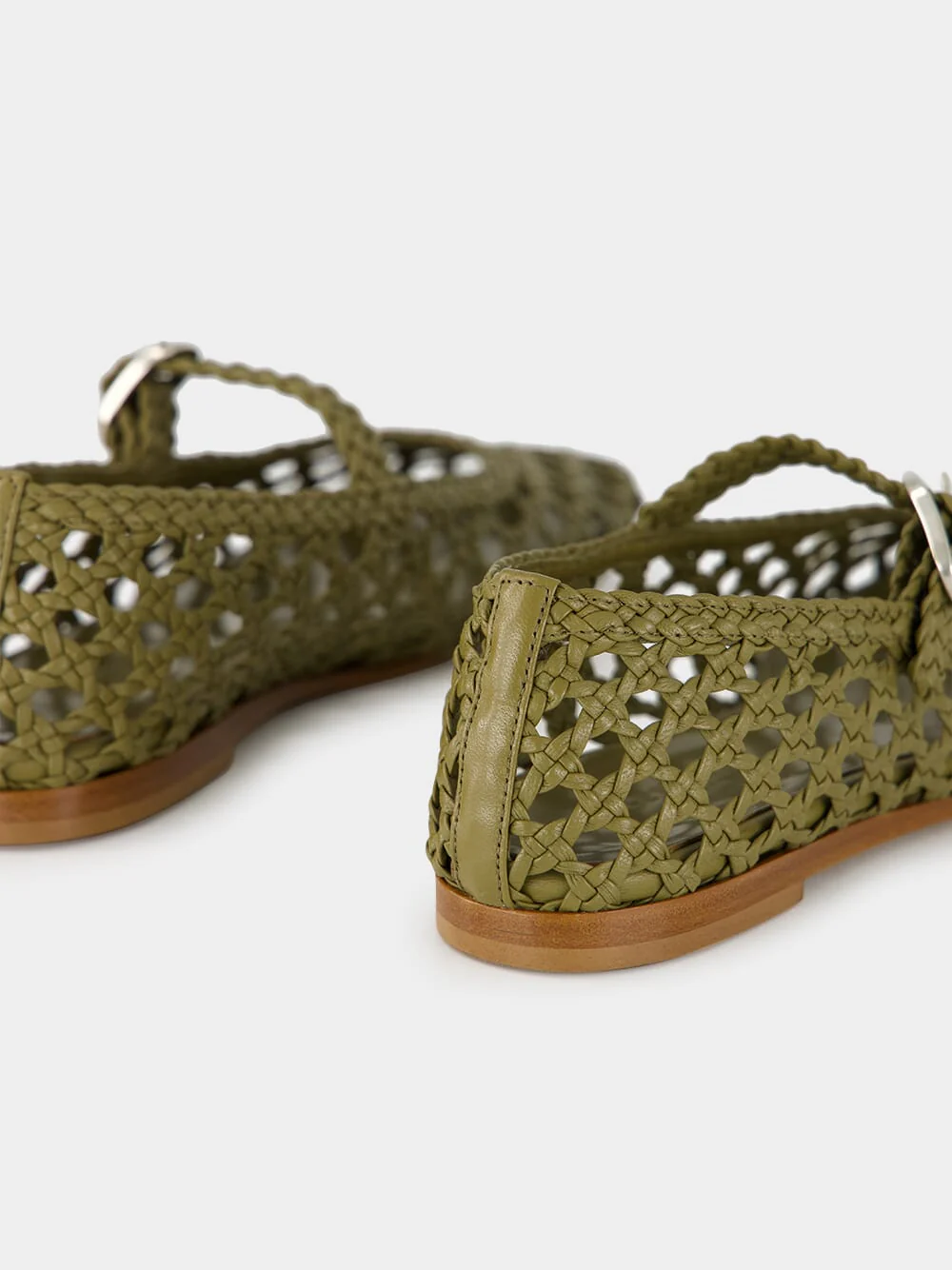 Khaki Woven Leather Mary Jane Flats - Image 6