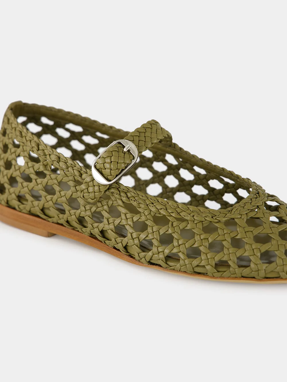 Khaki Woven Leather Mary Jane Flats - Image 7