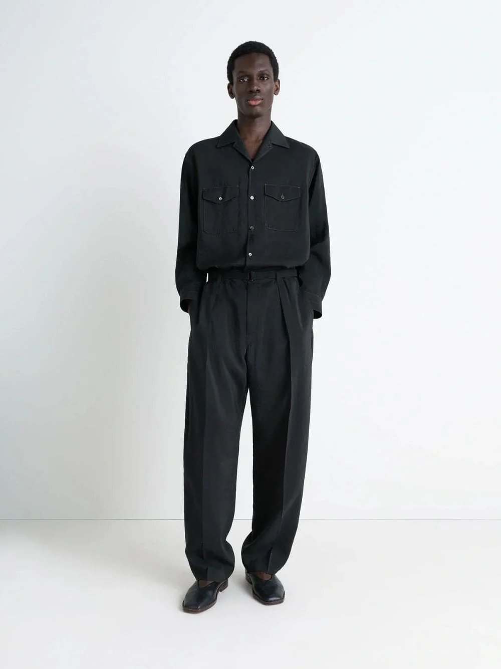 Black Dry Silk Convertible Collar Shirt