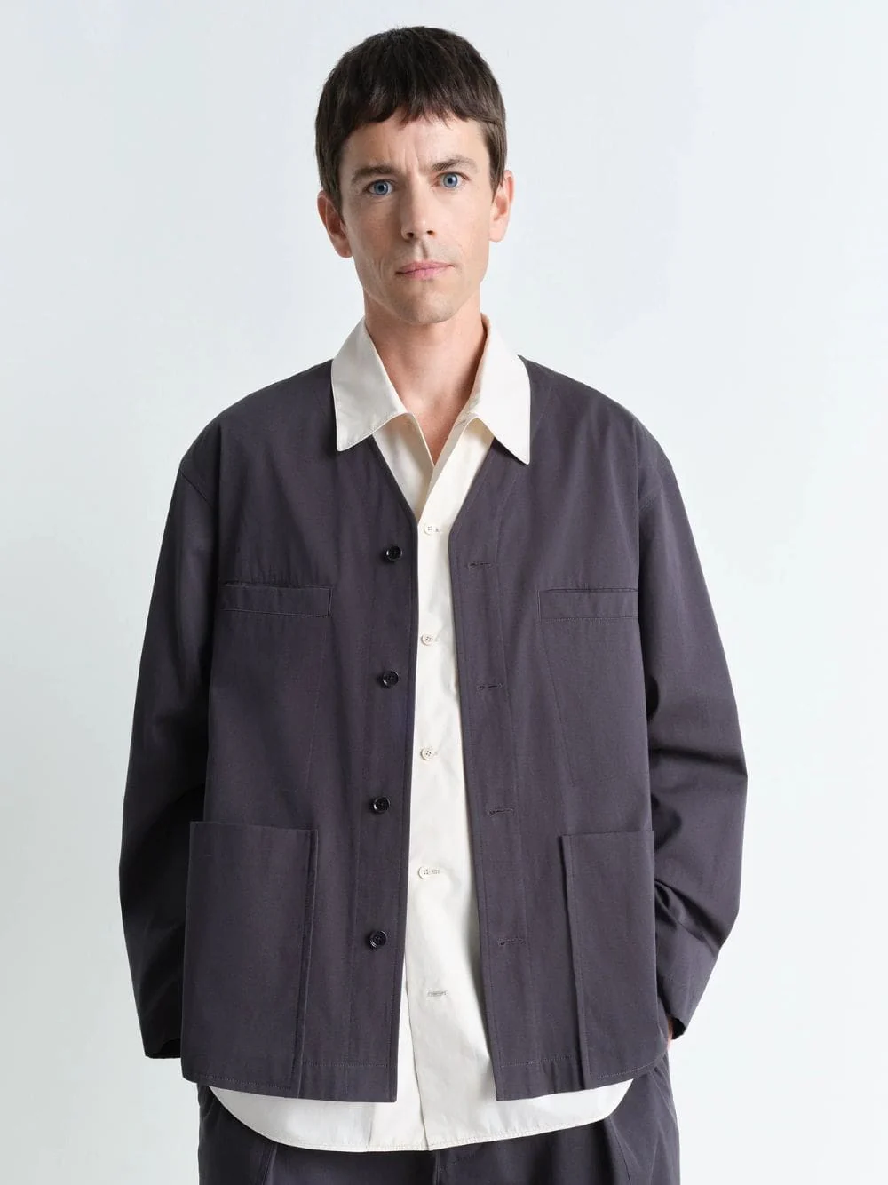 Charcoal Collarless Cotton Twill Overshirt - Image 2