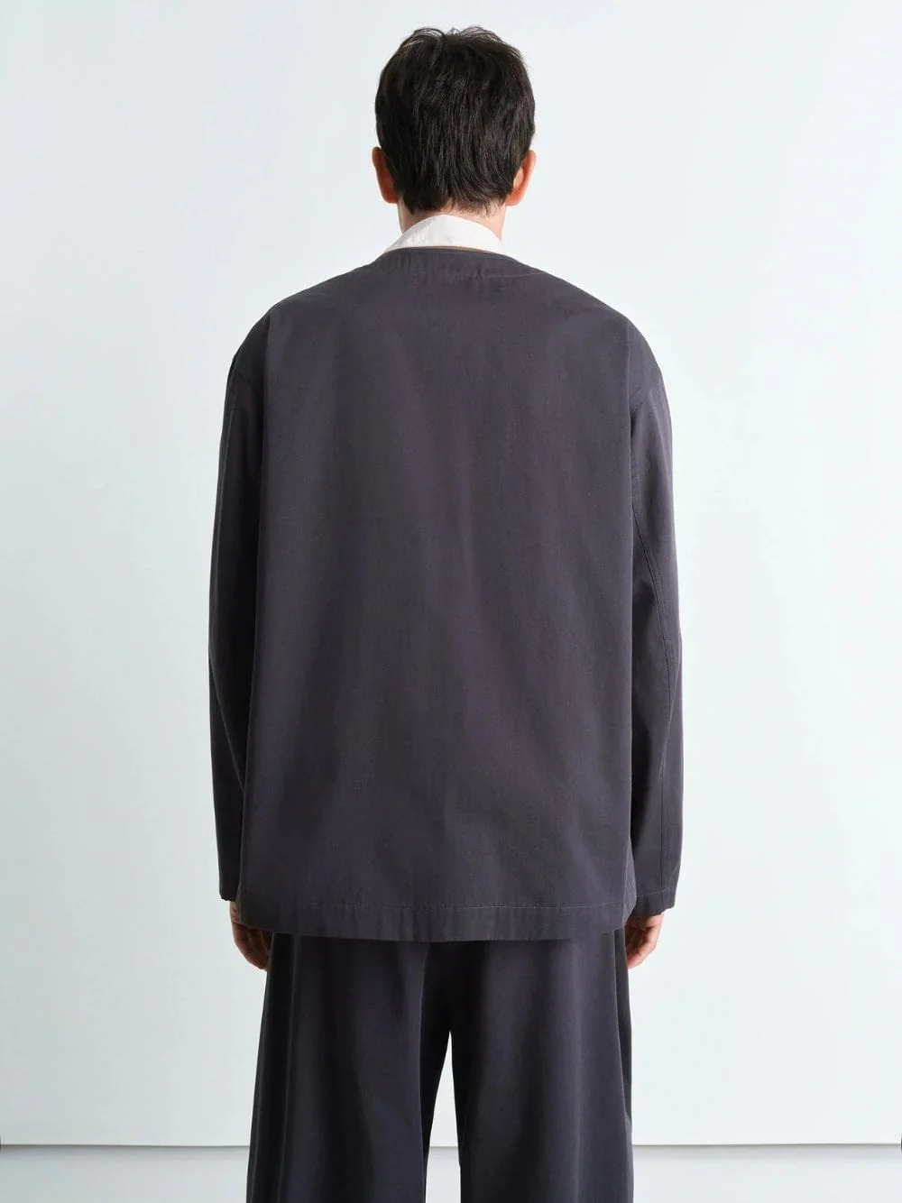 Charcoal Collarless Cotton Twill Overshirt - Image 4