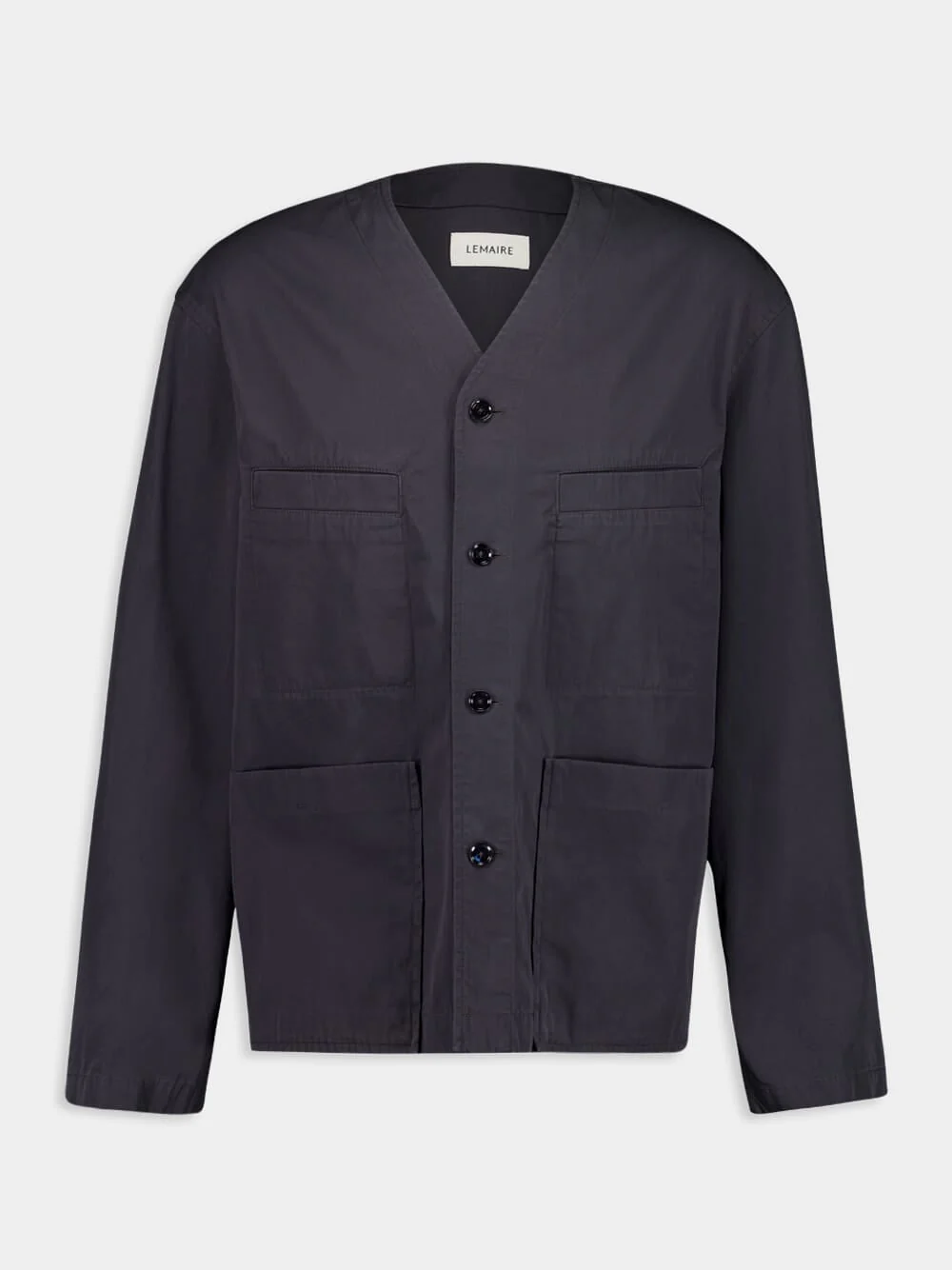 Charcoal Collarless Cotton Twill Overshirt - Image 7