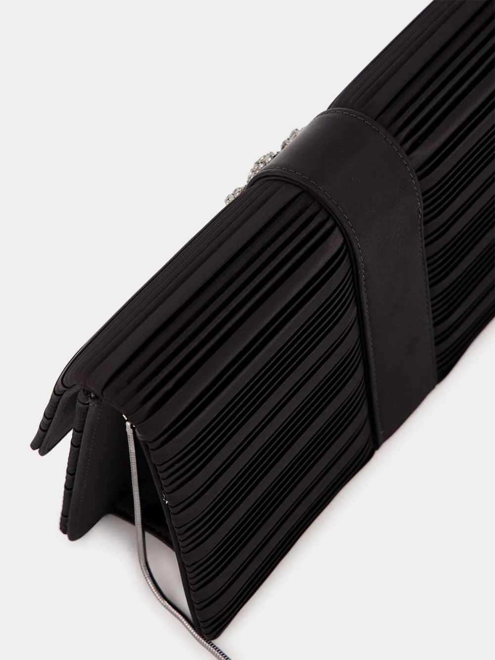 Black Satin Clutch with Crystal Buckle Detail - Image 8