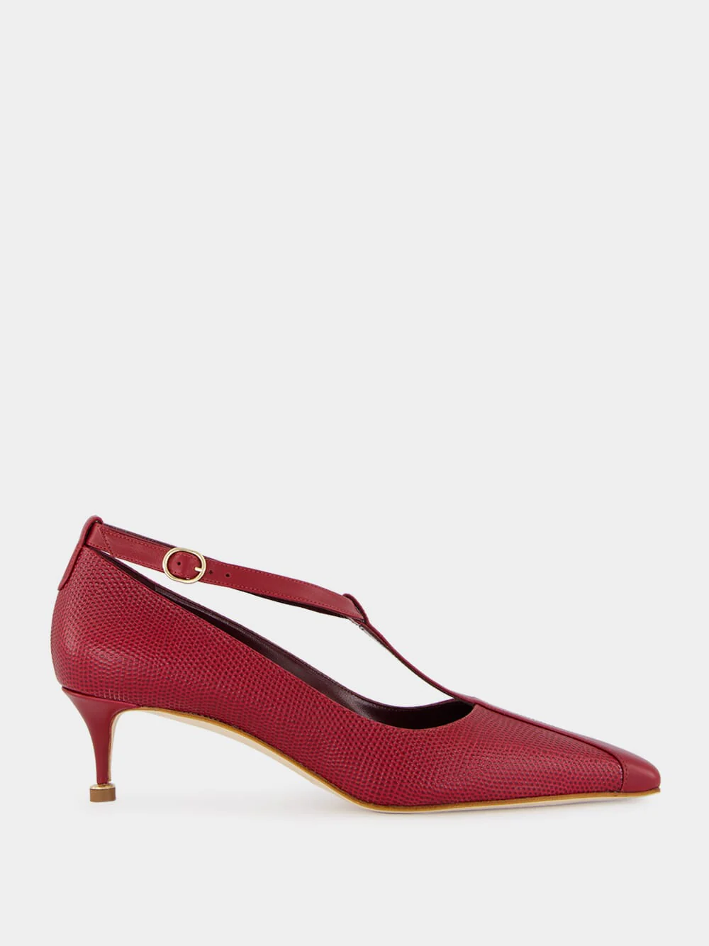 Dark Red Rosellón T-Strap Leather Kitten Pumps