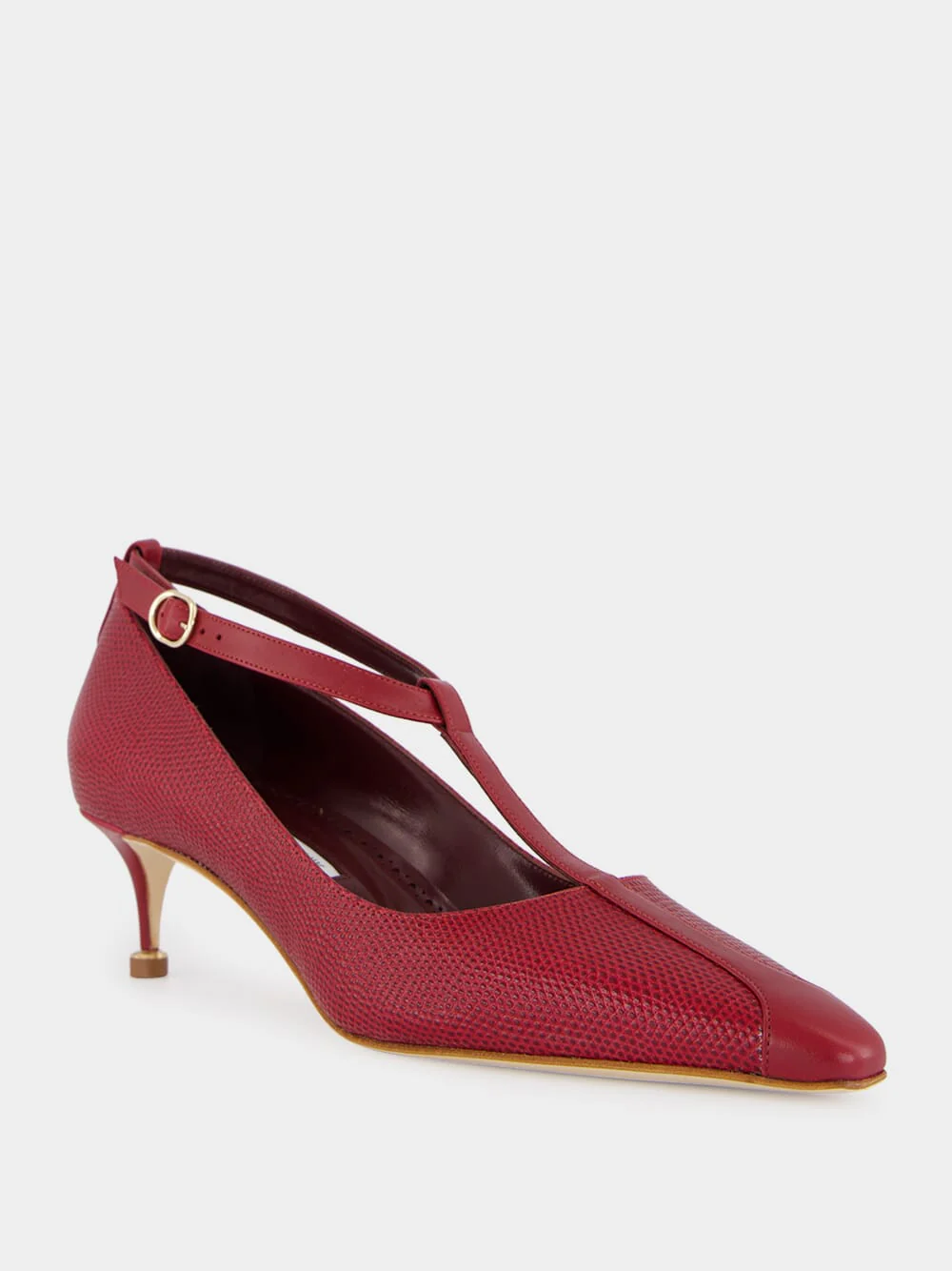 Dark Red Rosellón T-Strap Leather Kitten Pumps - Image 2