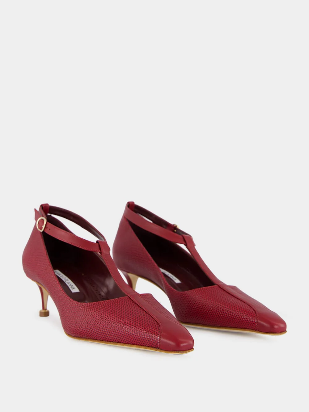 Dark Red Rosellón T-Strap Leather Kitten Pumps - Image 3