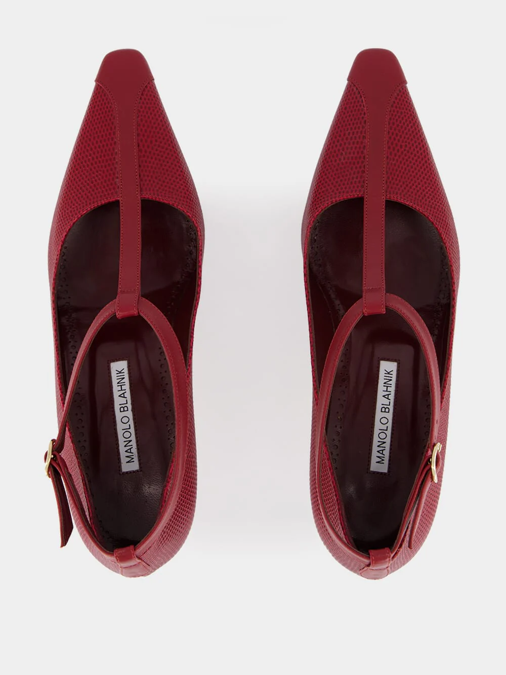 Dark Red Rosellón T-Strap Leather Kitten Pumps - Image 4