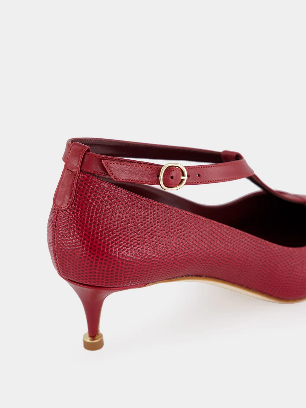 Dark Red Rosellón T-Strap Leather Kitten Pumps - Image 6