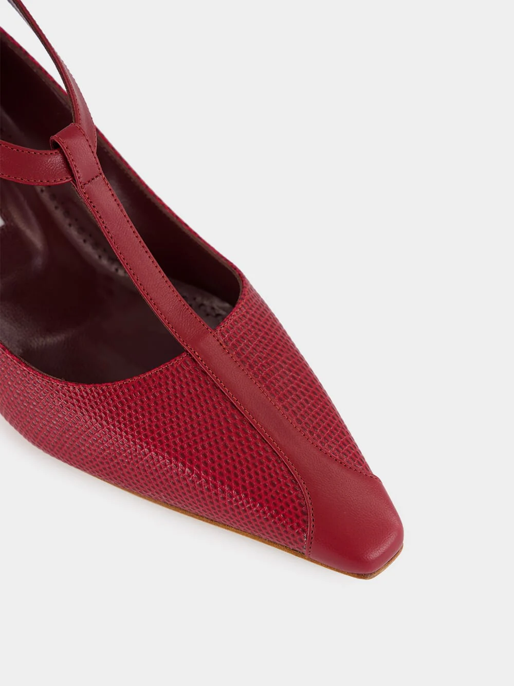 Dark Red Rosellón T-Strap Leather Kitten Pumps - Image 7
