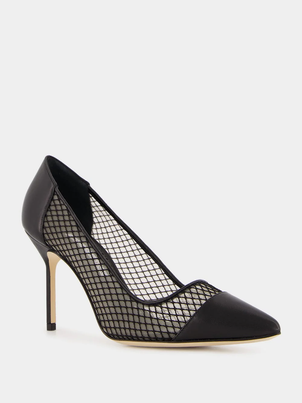 Black Nappa Leather Pointed Toe Pumps with Mesh Detail - Image 2