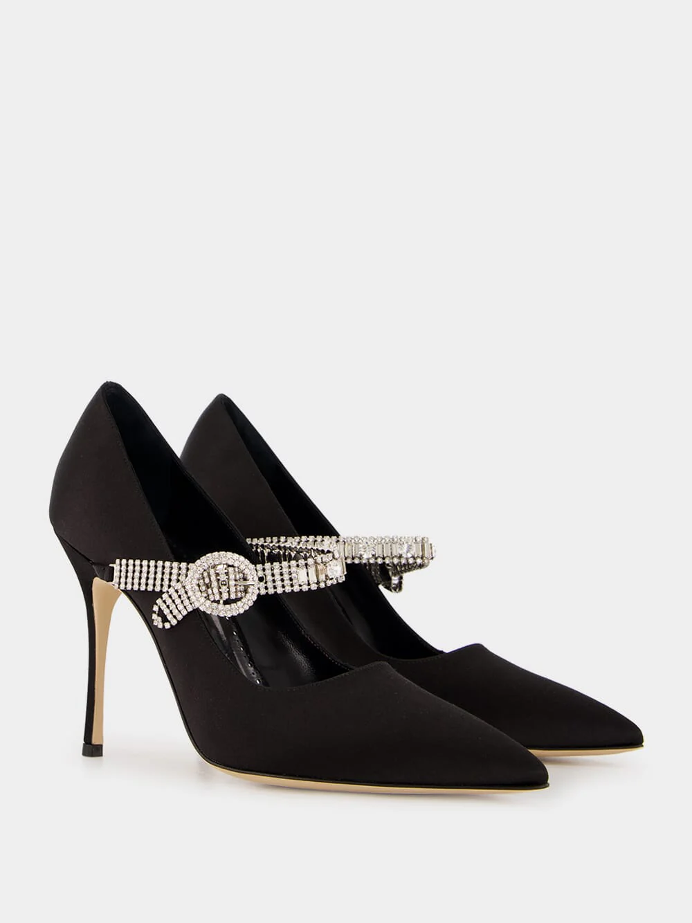 Black Satin Pumps with Crystal Strap Detail - Image 3