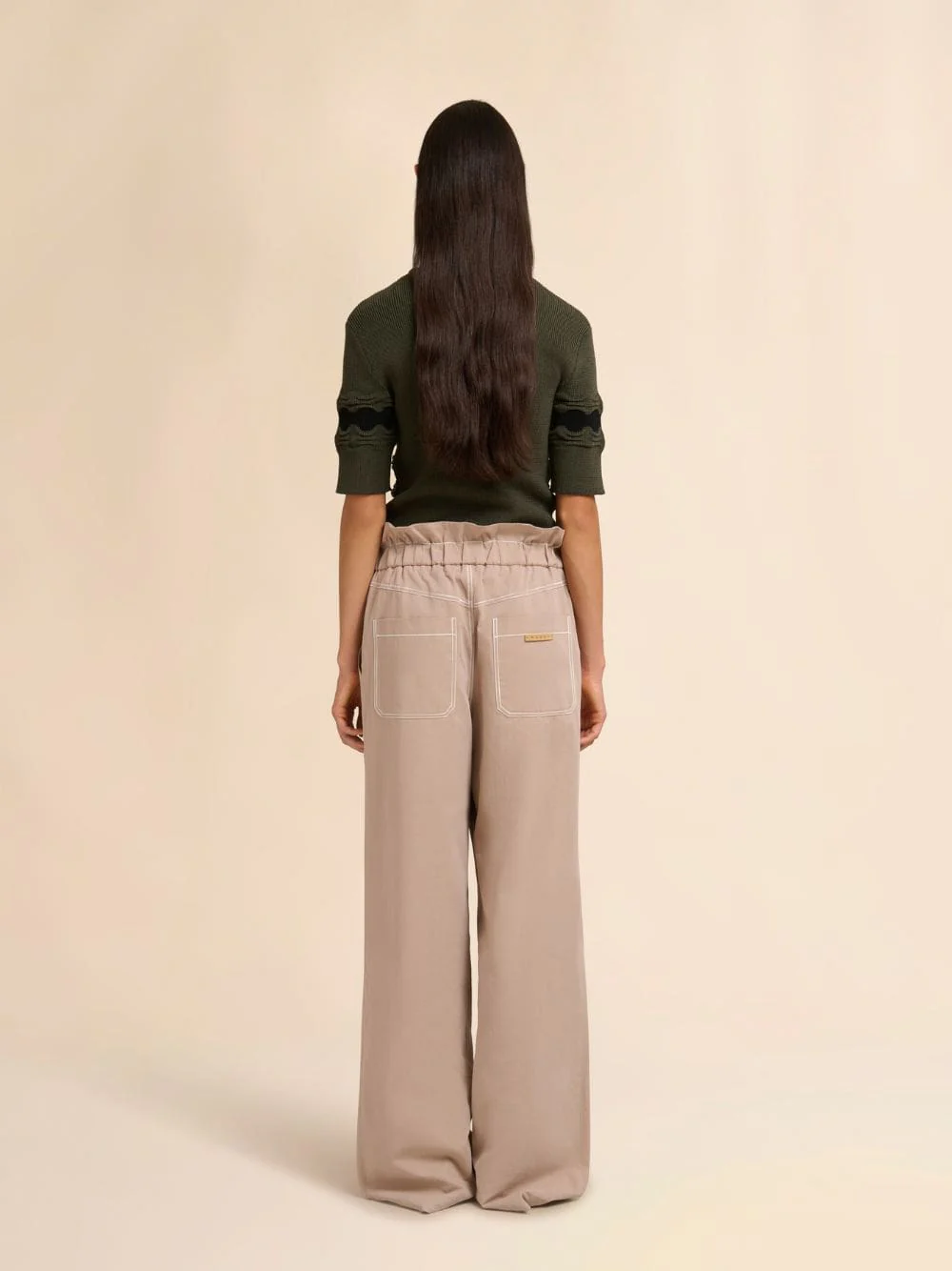 Beige Cotton Nylon Paperbag Trousers - Image 3