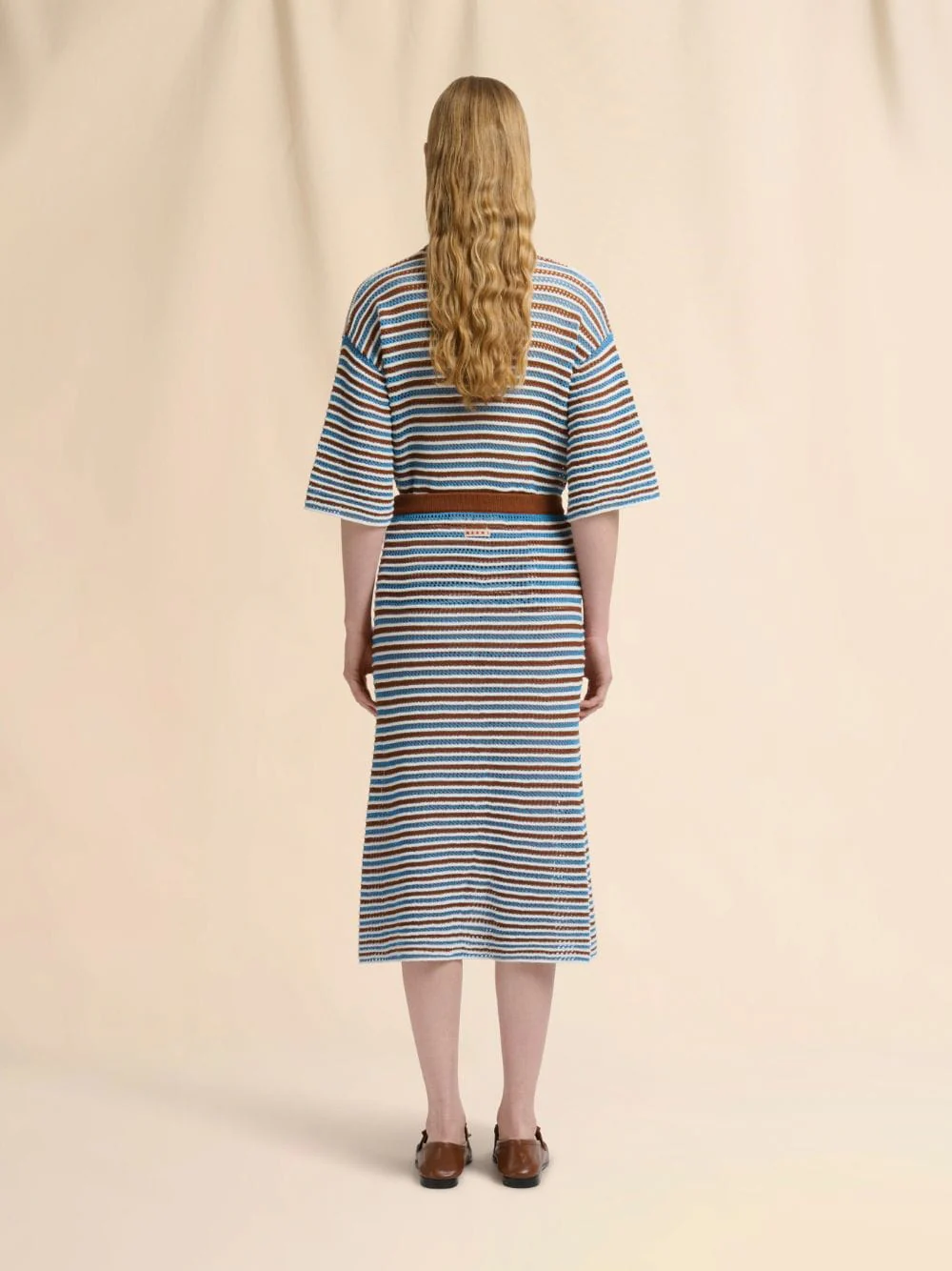 Brown Blue Striped Crochet Midi Skirt - Image 4