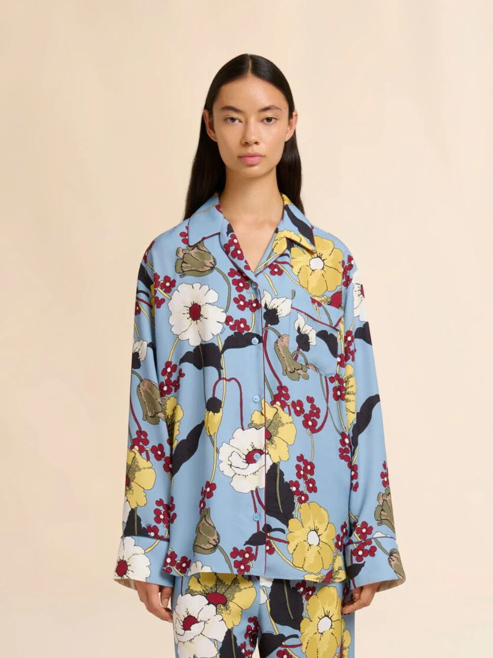 Sky Blue Envers Satin Pajama Shirt with Melodia Print - Image 2