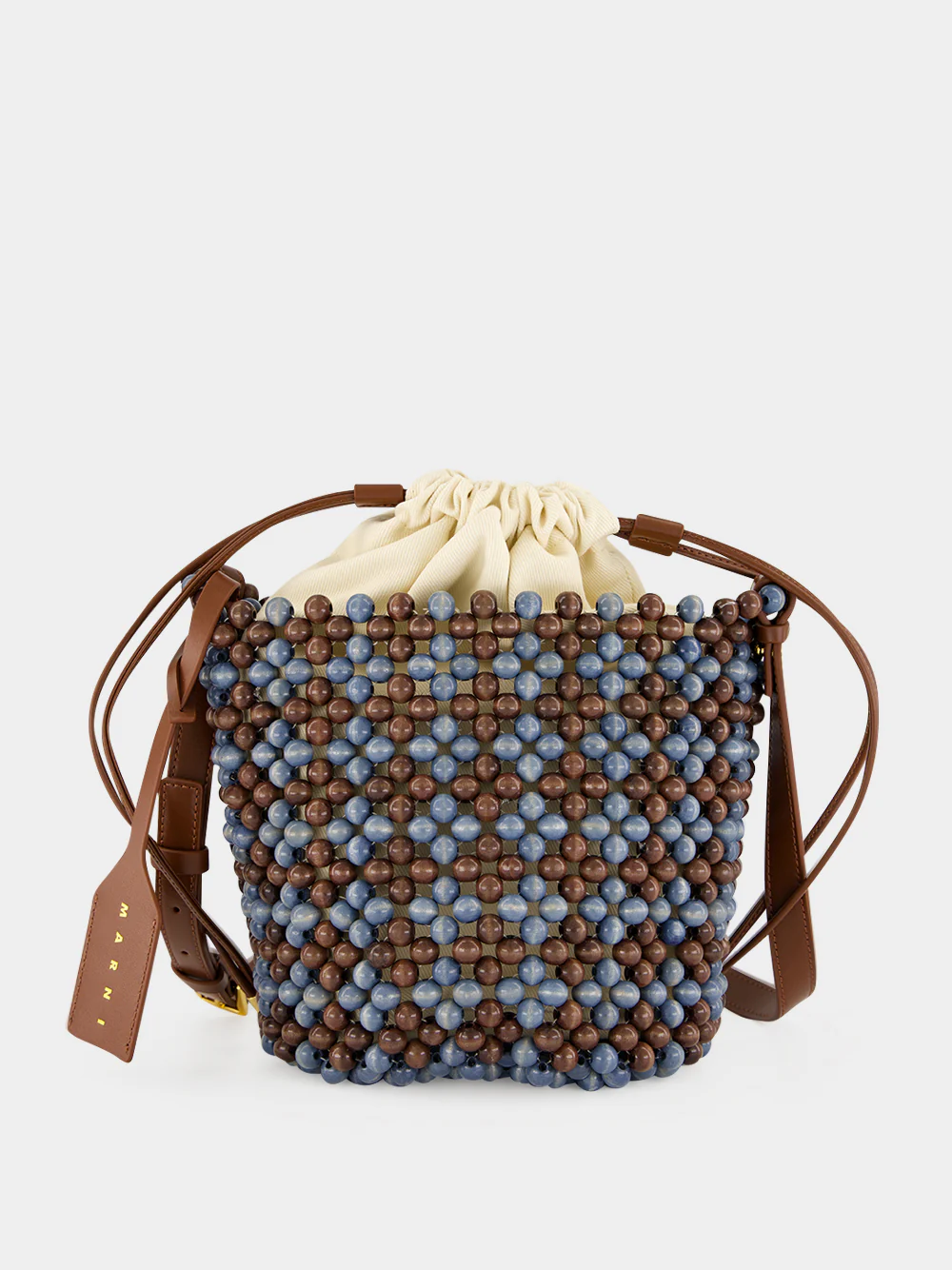 Blue and Brown Beaded Bucket Bag