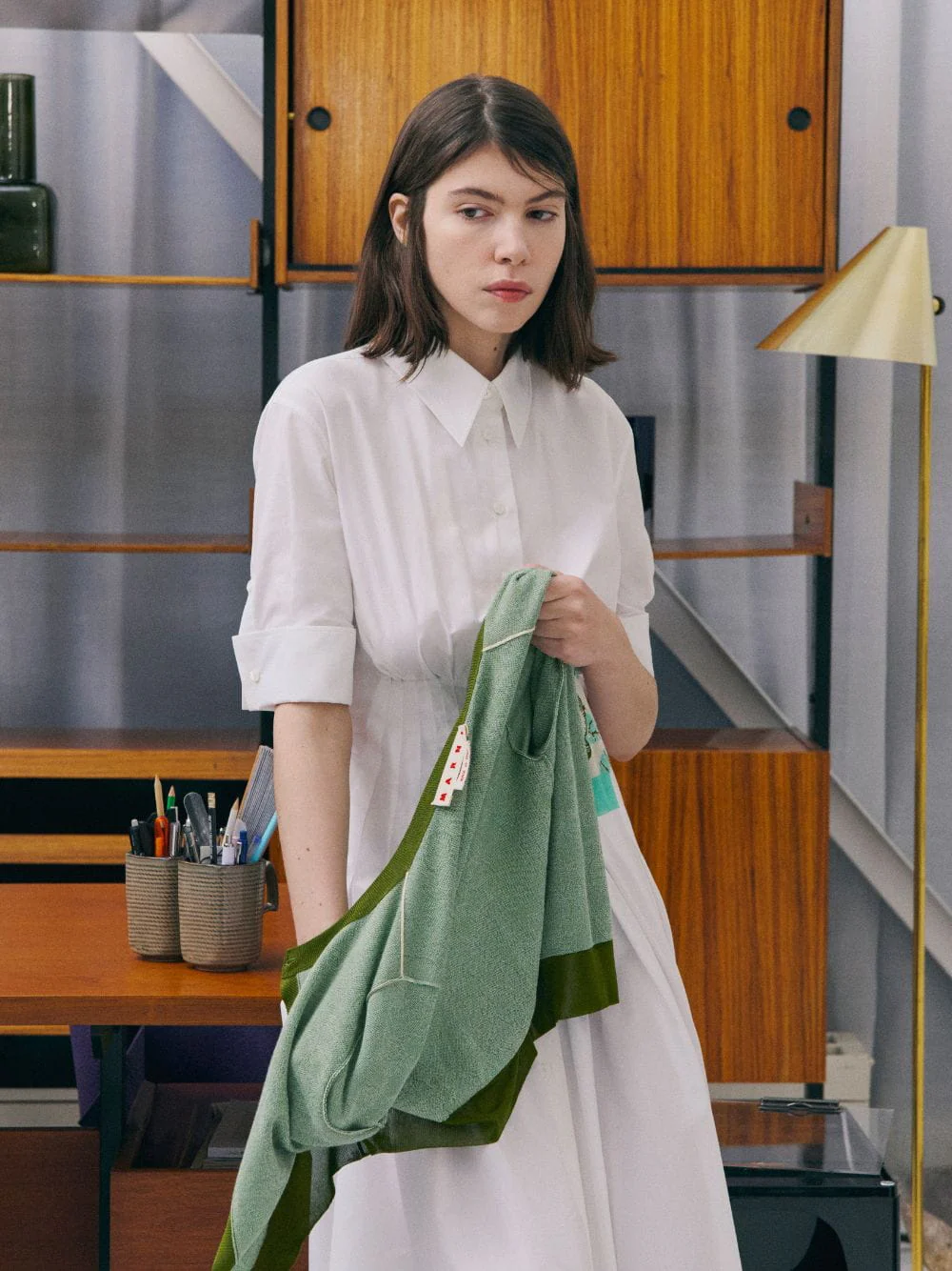 White Gathered Poplin Shirt Dress