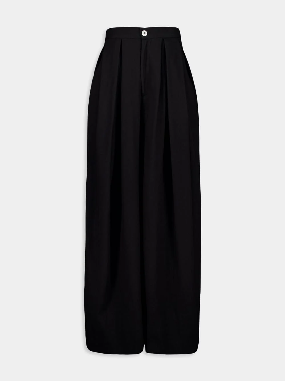 Black Solid High-Waist Pleated Cotton Trousers