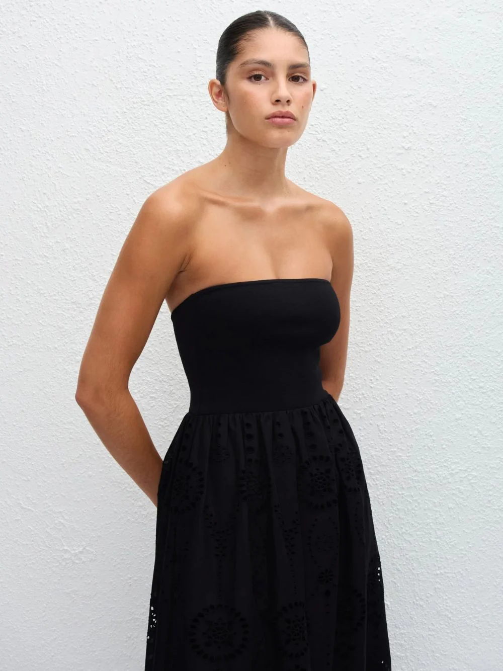Black Strapless Knit and Broderie Dress - Image 5