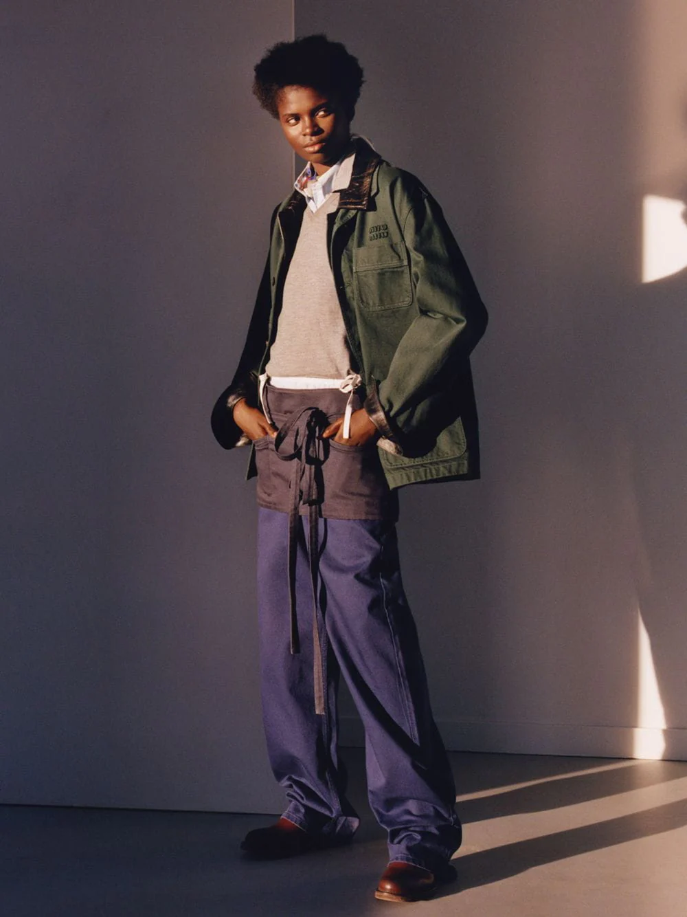 Bottle Green Gabardine and Leather Jacket - Image 2