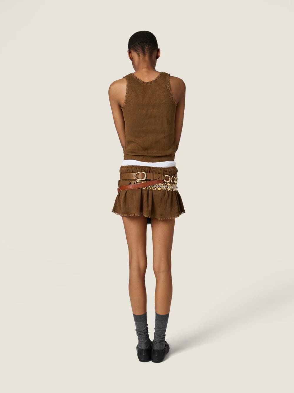 Cocoa Brown Garment-Dyed Cotton Miniskirt - Image 3