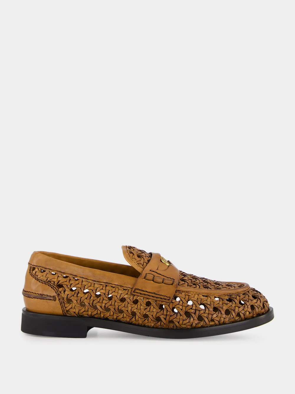 Cognac Woven Leather Penny Loafers