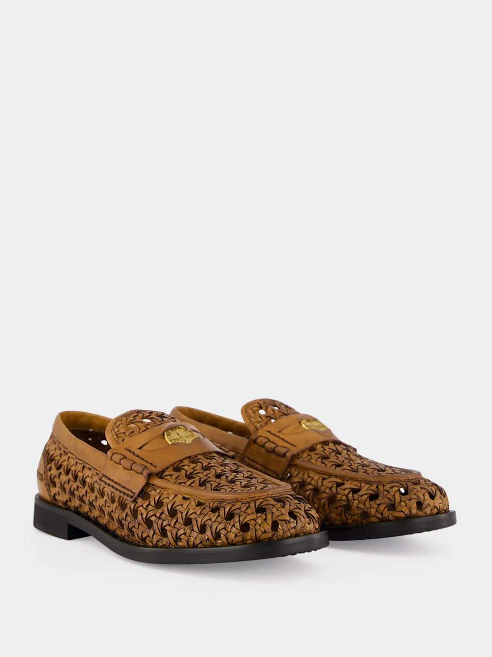 Cognac Woven Leather Penny Loafers - Image 3