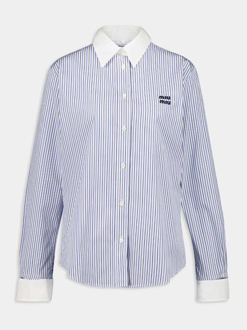 Light Blue Striped Cotton Poplin Shirt with Contrast Collar