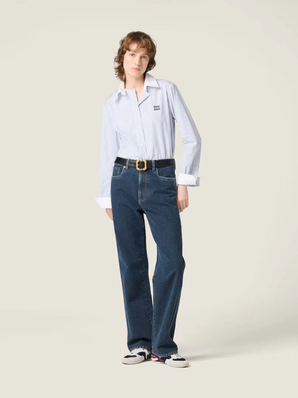 Light Blue Striped Cotton Poplin Shirt with Contrast Collar - Image 2