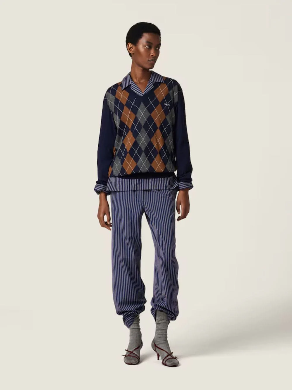 Navy Argyle Wool V-Neck Sweater