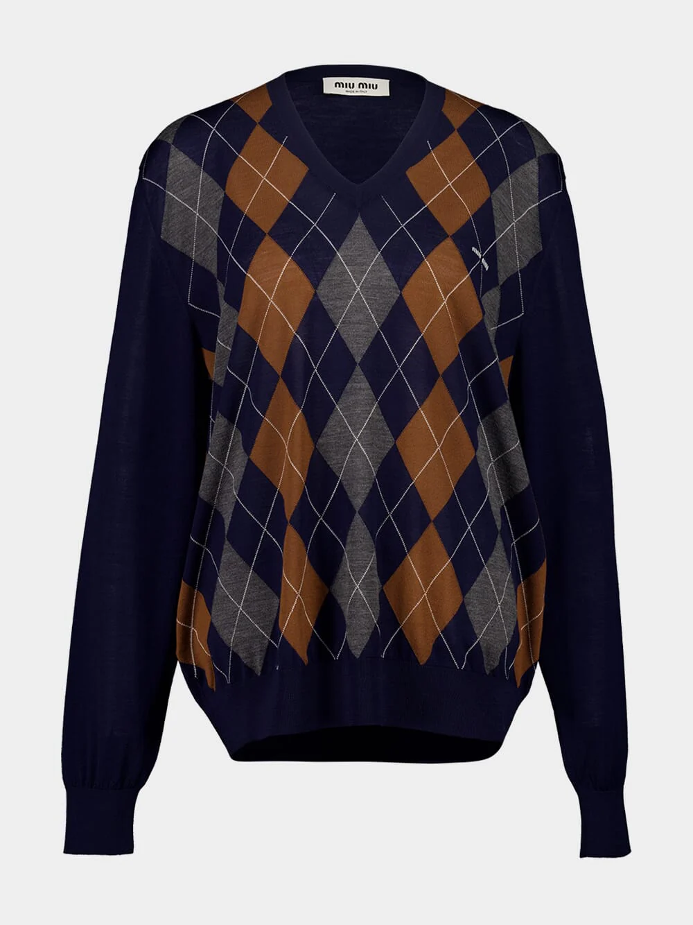 Navy Argyle Wool V-Neck Sweater - Image 2