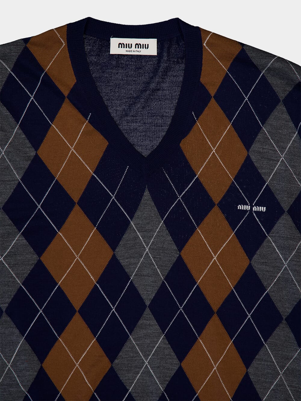 Navy Argyle Wool V-Neck Sweater - Image 5