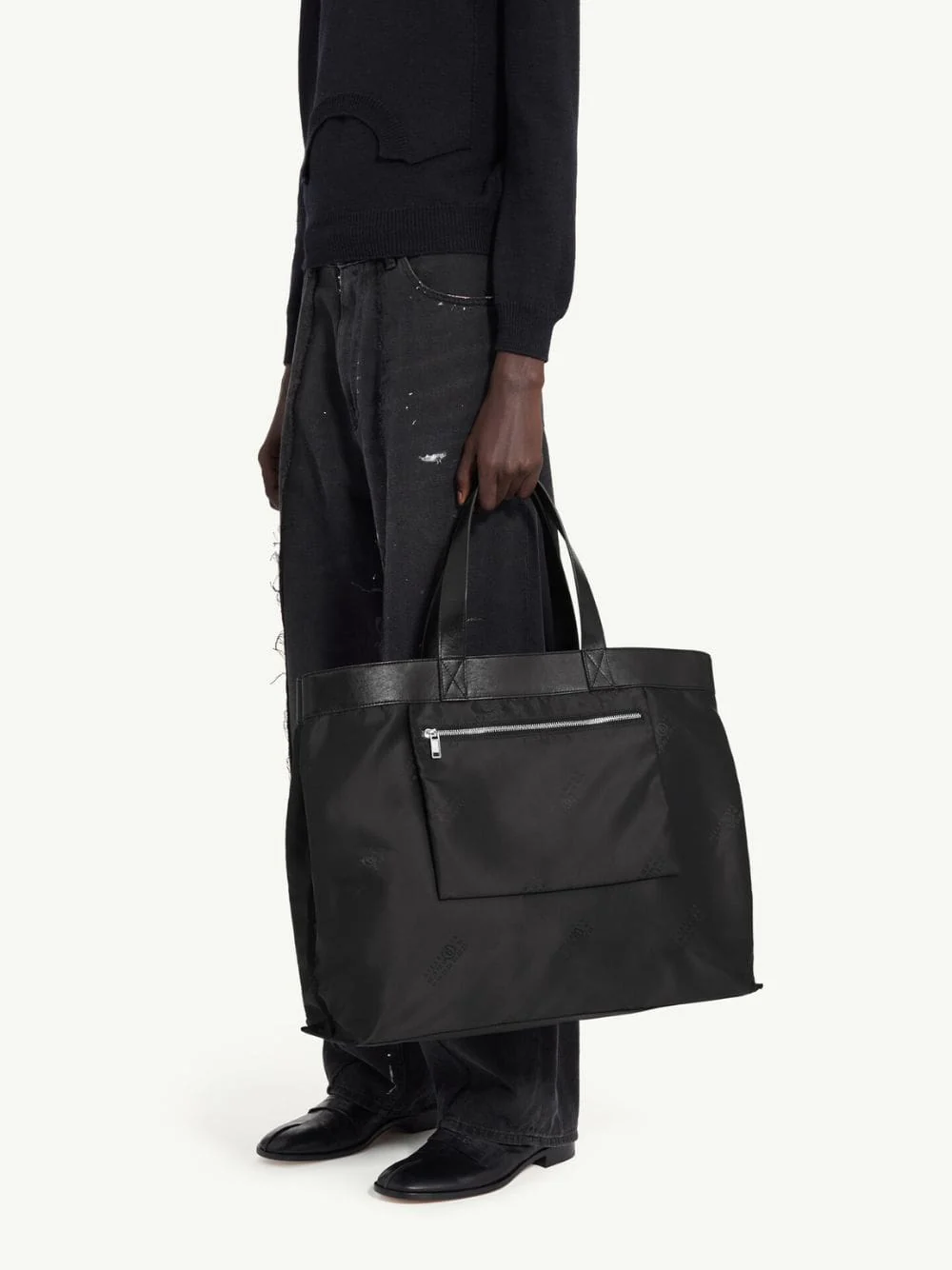 Black Reverse Maxi Tote Bag with Leather Trim