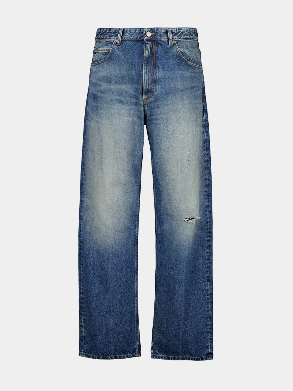 Blue Distressed Straight-Leg Jeans