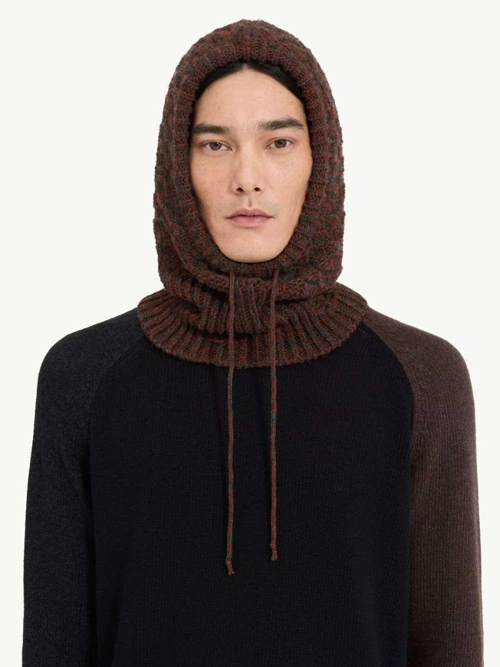 Brown Wool Blend Waffle-Knit Hood