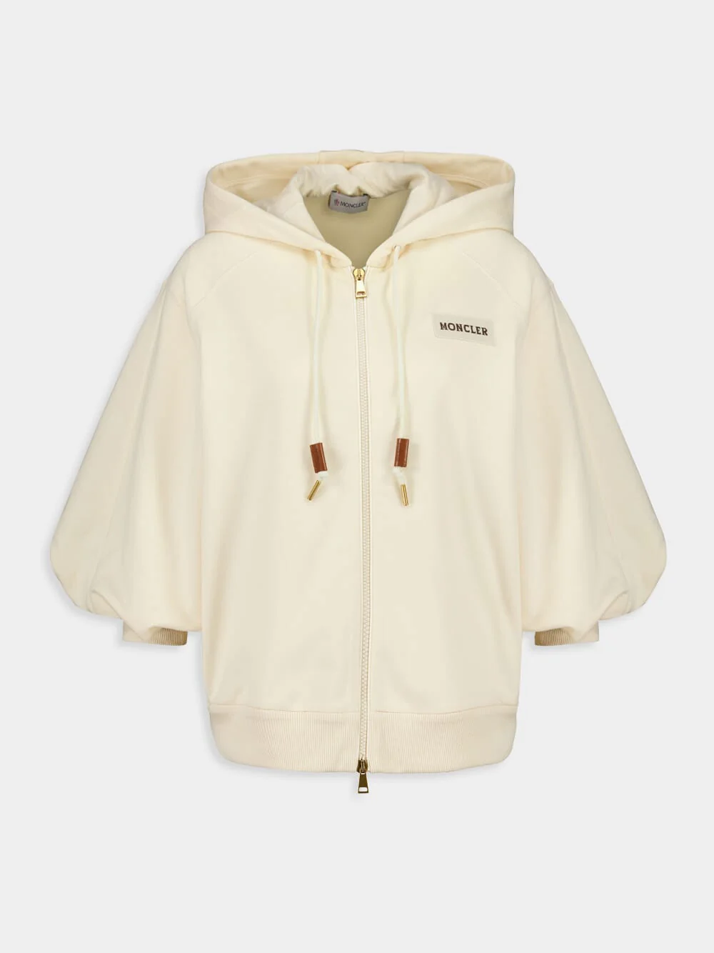 Beige Cotton Zip-Up Hooded Sweatshirt