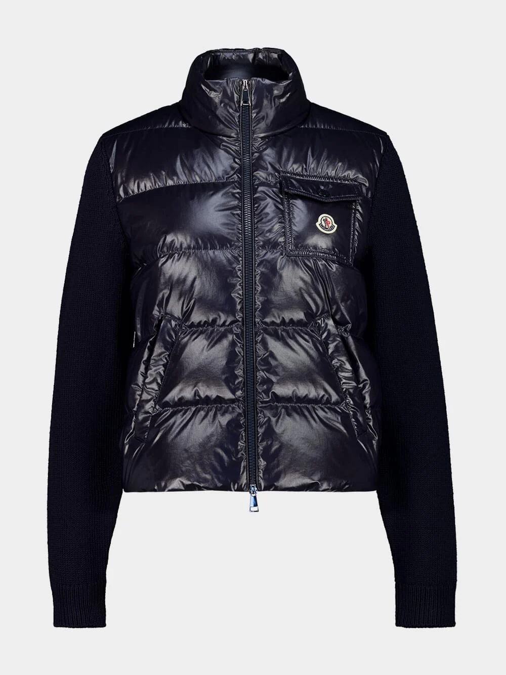 Navy Blue Padded Zip-Up Wool Cardigan