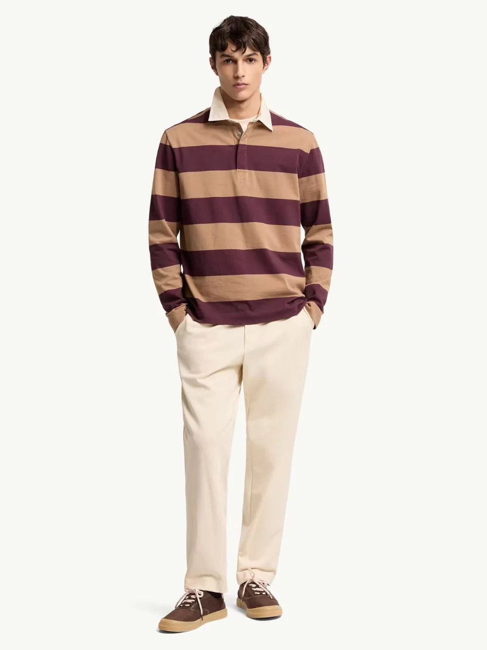 Beige and Burgundy Striped Cotton Polo Shirt