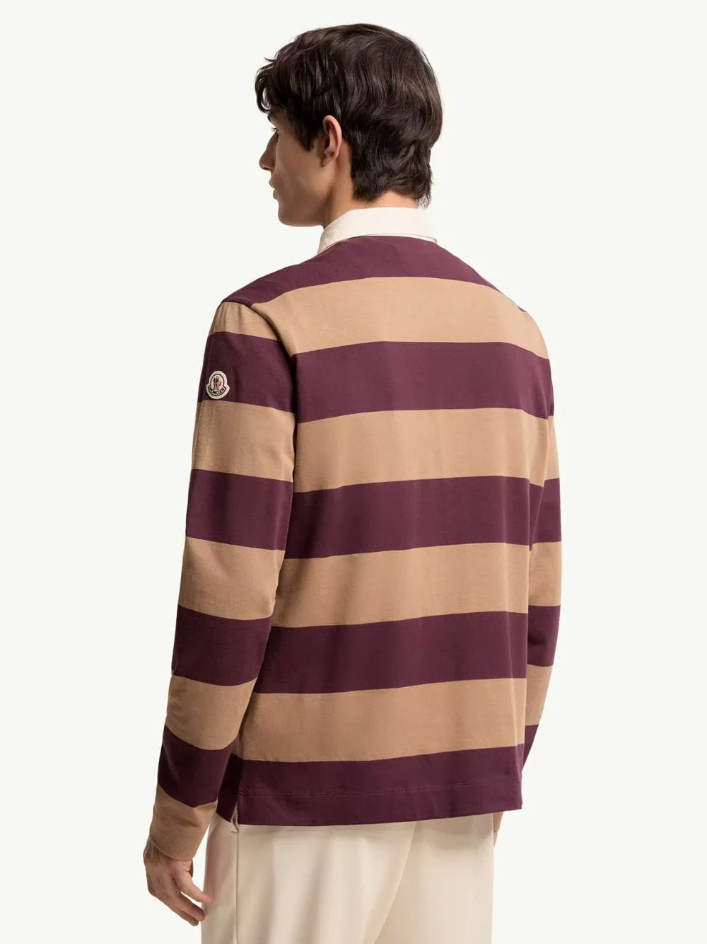Beige and Burgundy Striped Cotton Polo Shirt - Image 3