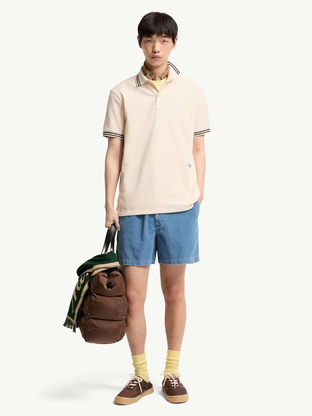 Ivory Striped Trim Cotton Polo Shirt