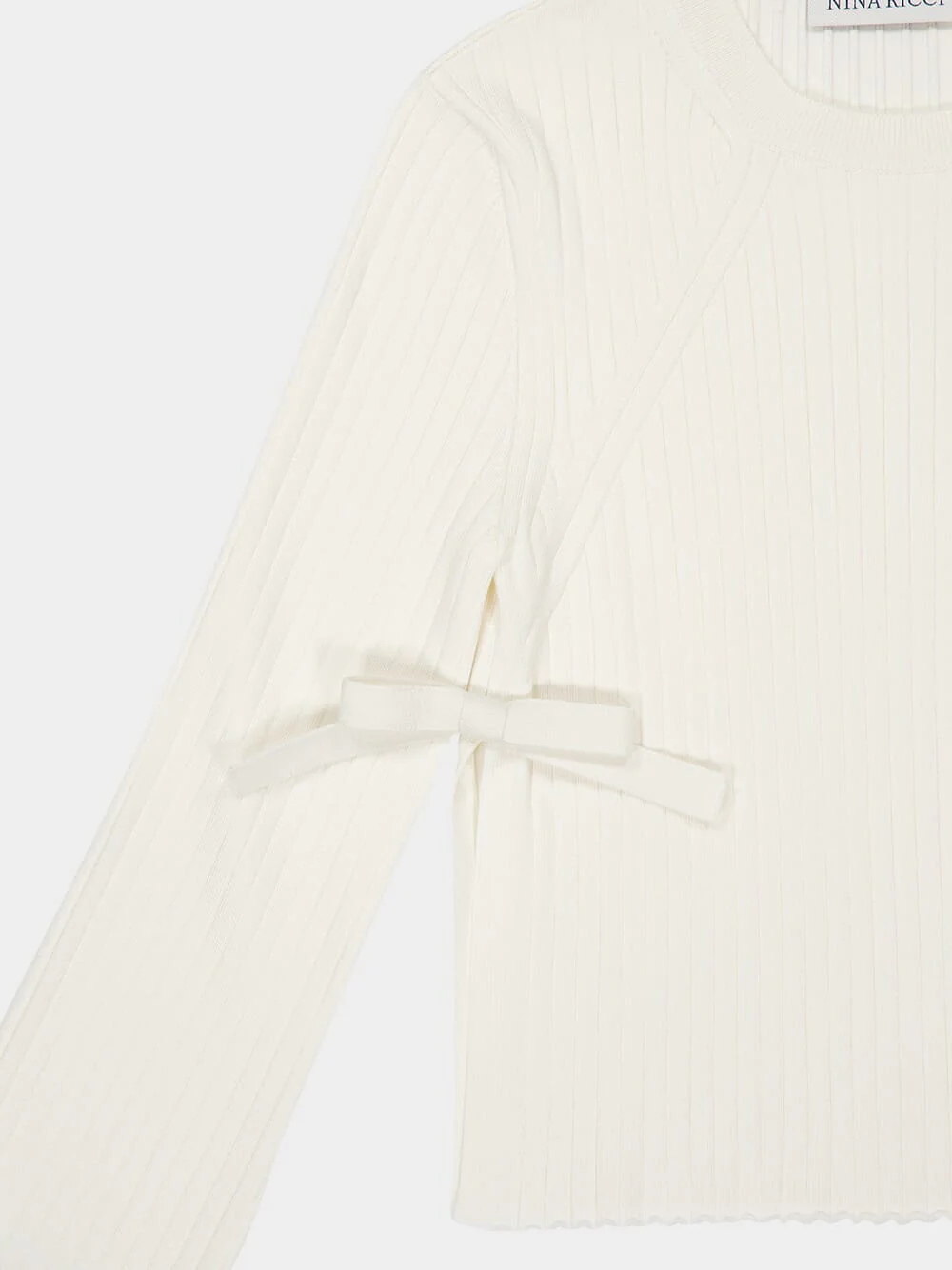 Cream Flared-Sleeve Knit Top with Bows - Image 3