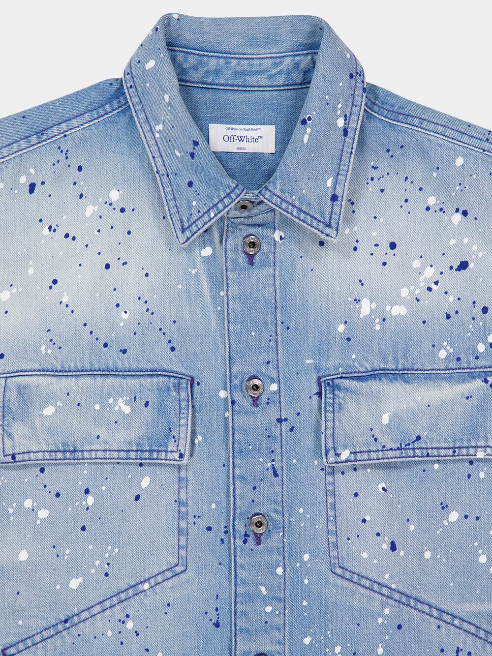 Blue Paint Effect Military Denim Shirt - Image 3