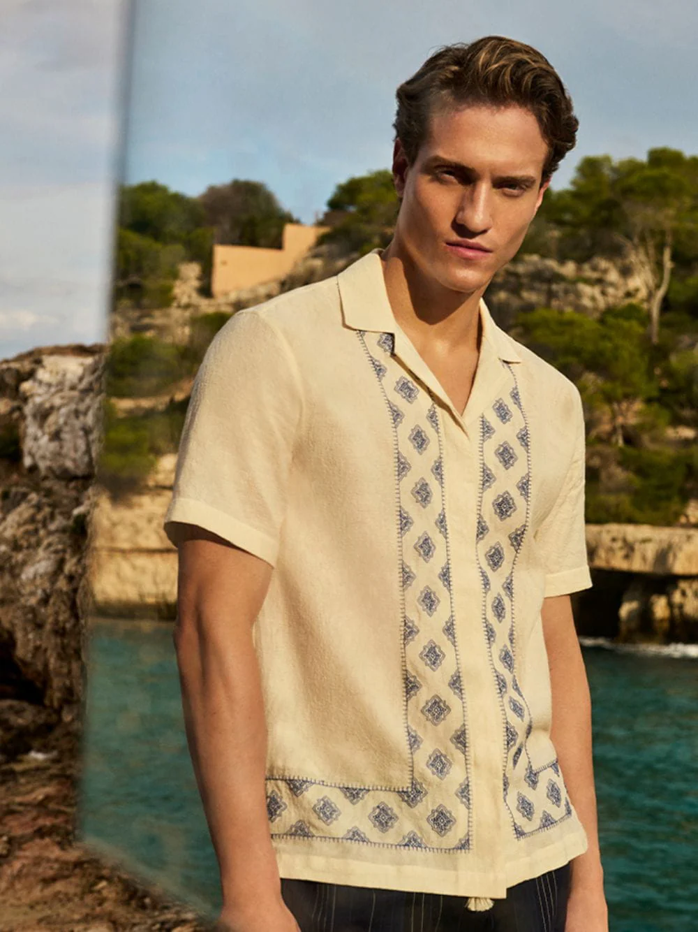 White and Blue Maitan Embroidery Cotton Shirt