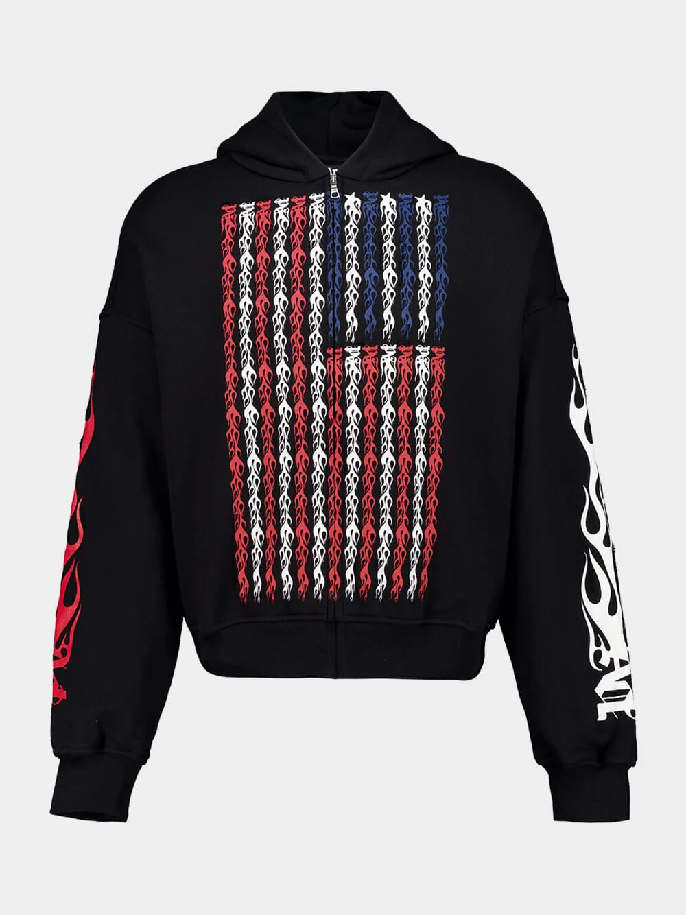 Black Full-Zip Hooded Sweatshirt with Flames Flag