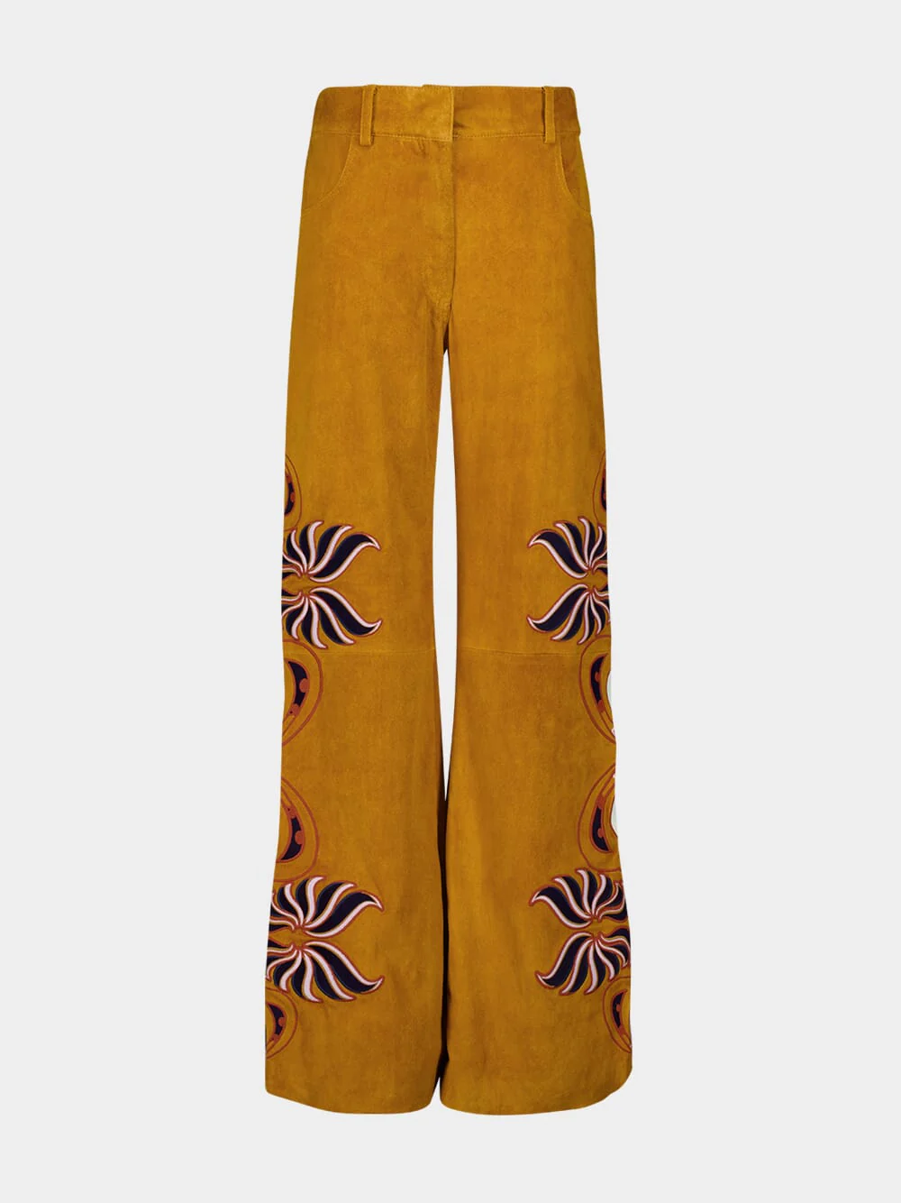 Alice Golden Brown Wide-Leg Suede Pants with Embroidery