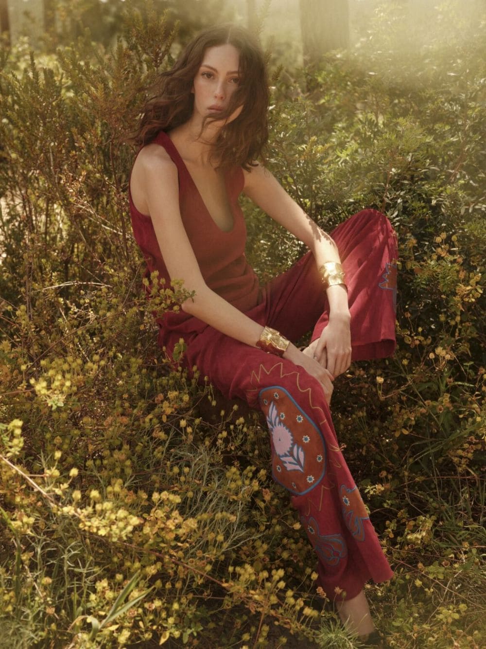 Alice Red Dahlia Embroidered Wide-Leg Suede Pants - Image 2