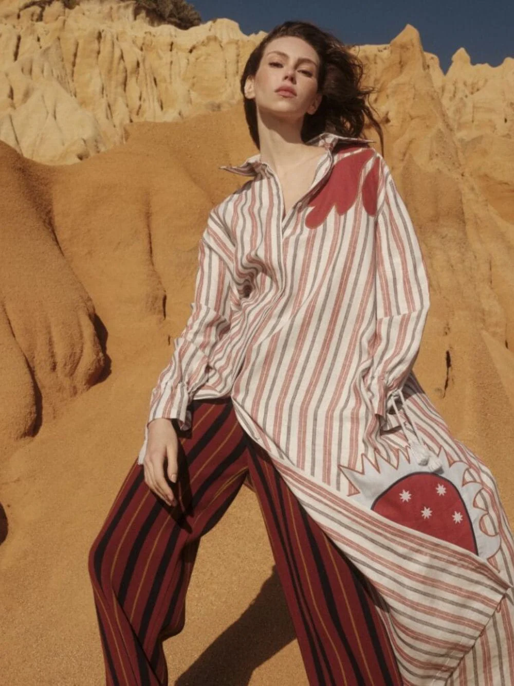 Almandine Stripes Linen Dress with Embroideries