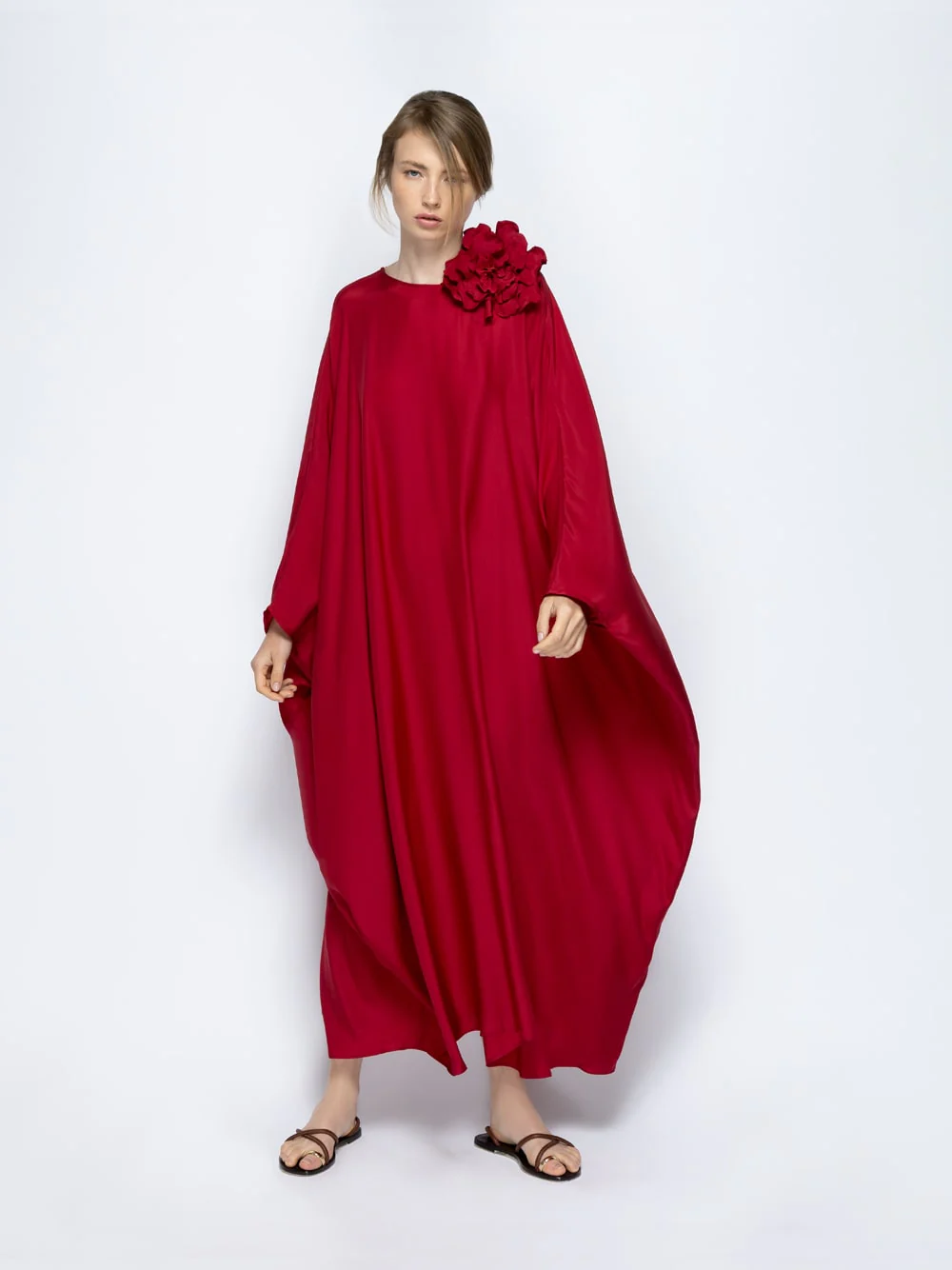 Auriga Red Dahlia Silk Kaftan Dress with Detachable Flower